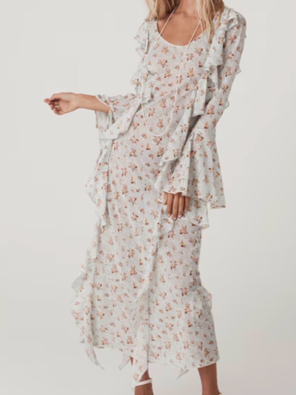 This is a Spell & The Gypsy Fleur Frill Bias Maxi Dress in Teapot Blue